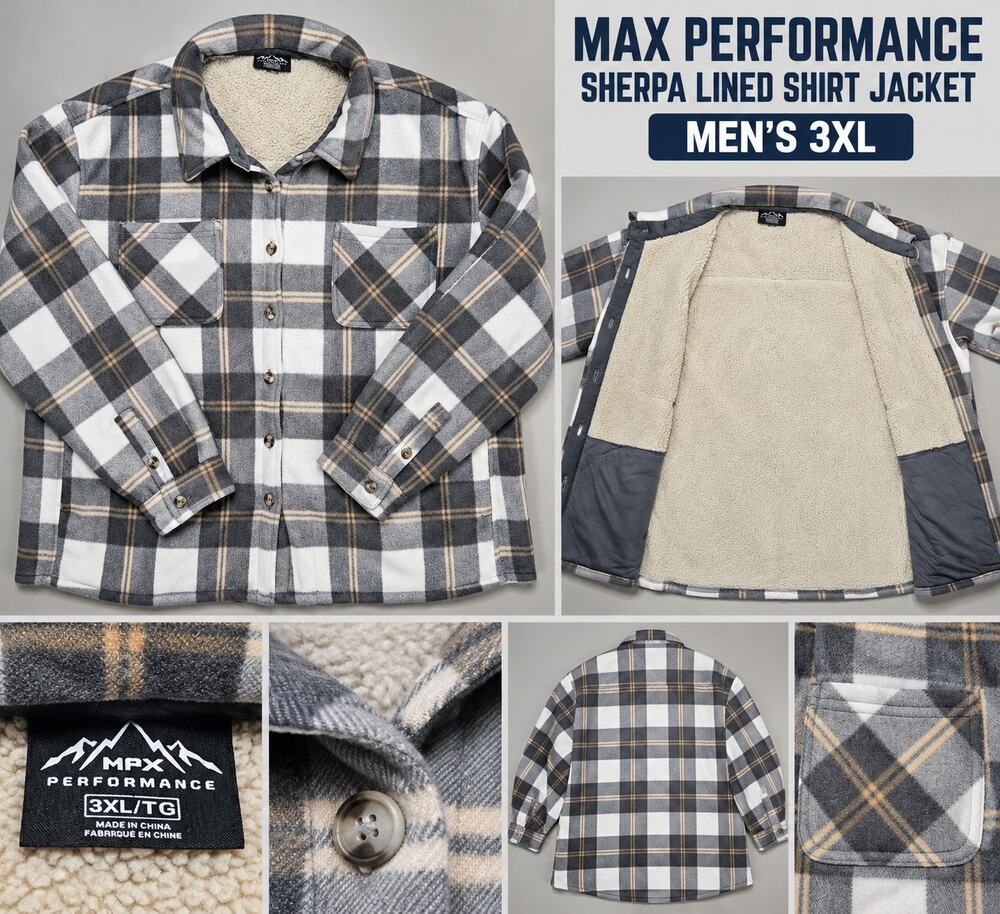 Max Performance Sherpa Lined Plaid Shirt Jacket Mens 3XL Gray Flannel Shacket